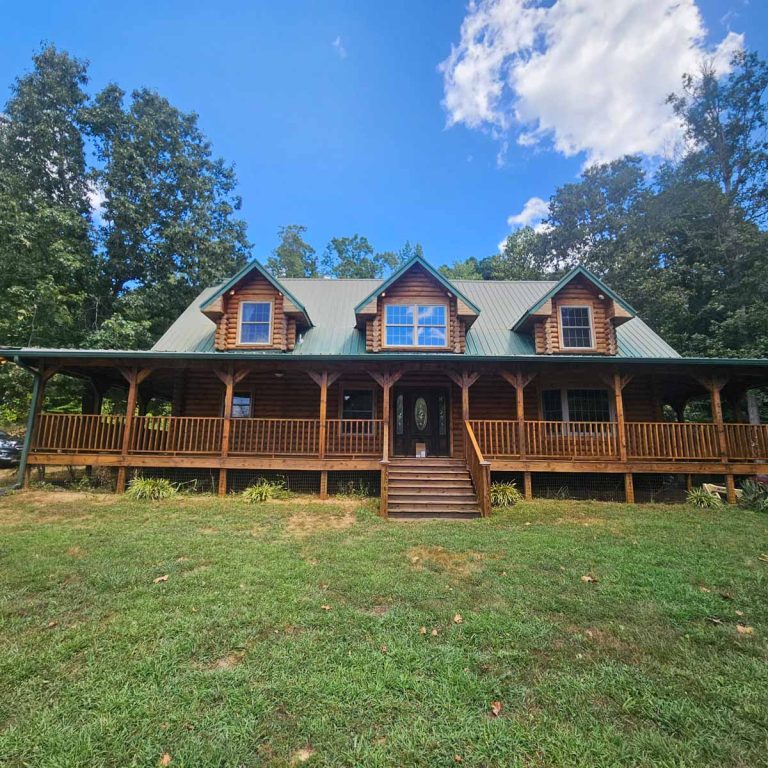 dark honey cabin stain front of cabin view